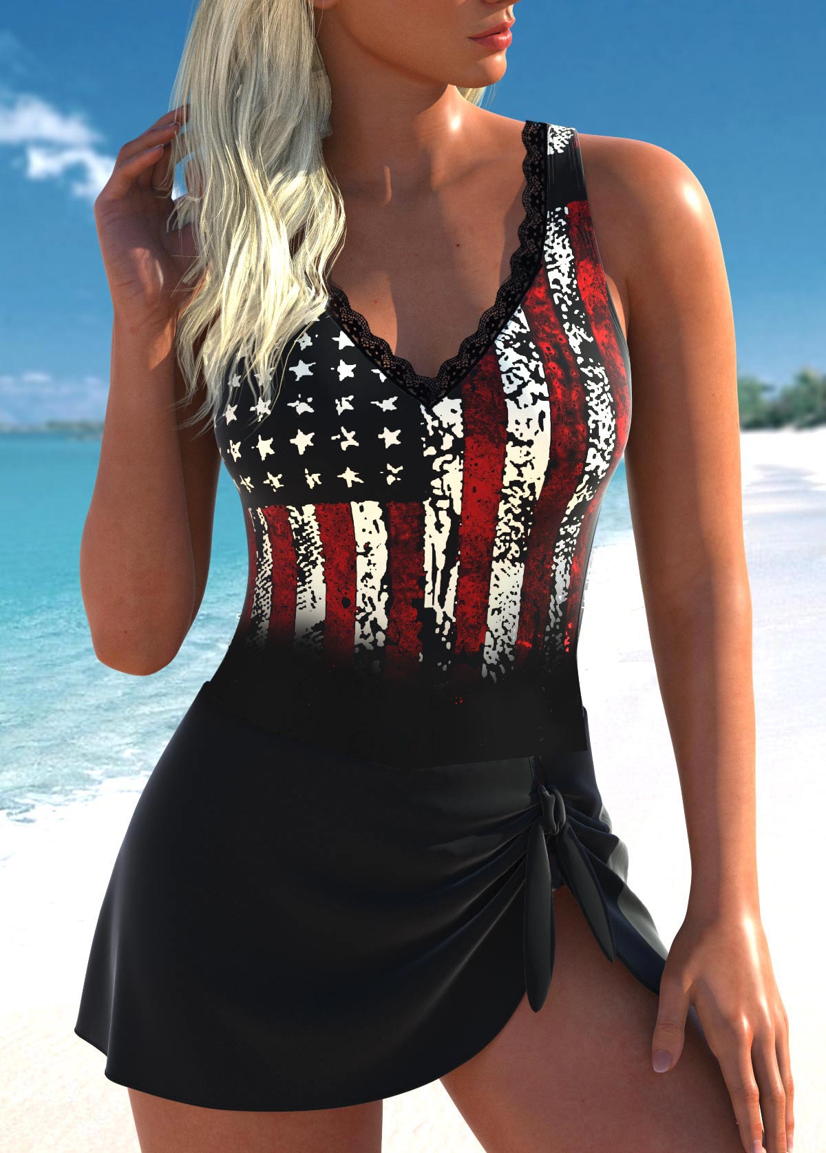 ROTITA American Flag Patchwork Embroidery Black One Piece Swimwear