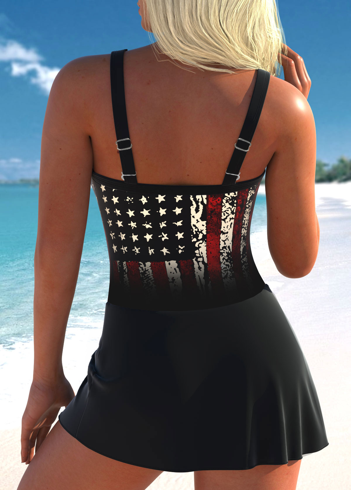 Black swimwear,Flag swimwear,ROTITA American Flag Patchwork Embroidery Black One Piece Swimwear