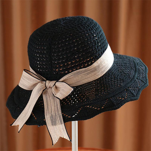 Bowknot Detail Black Knitted Visor Hat