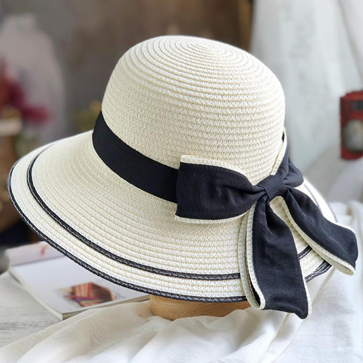 Straw White Bowknot Detail Visor Hat