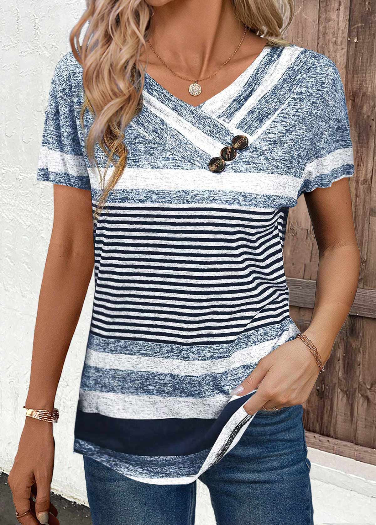 Navy tops,Striped tops,Geometric tops,ROTITA Button Striped Navy V Neck Short Sleeve T Shirt