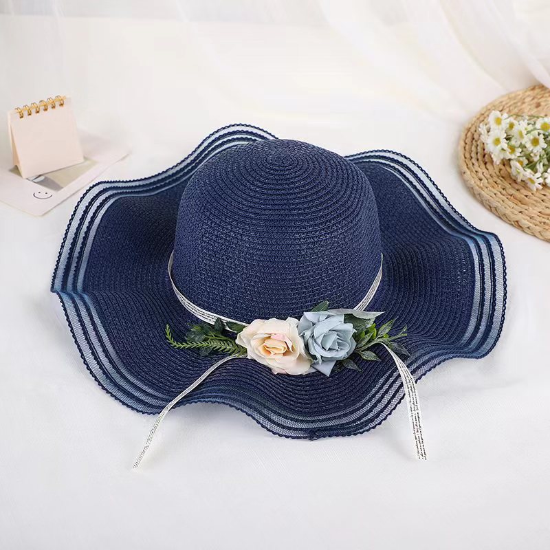 Floral Design Patchwork Navy Straw Hat