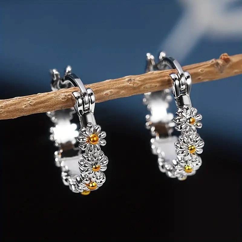 Round Silvery White Alloy Daisy Earrings