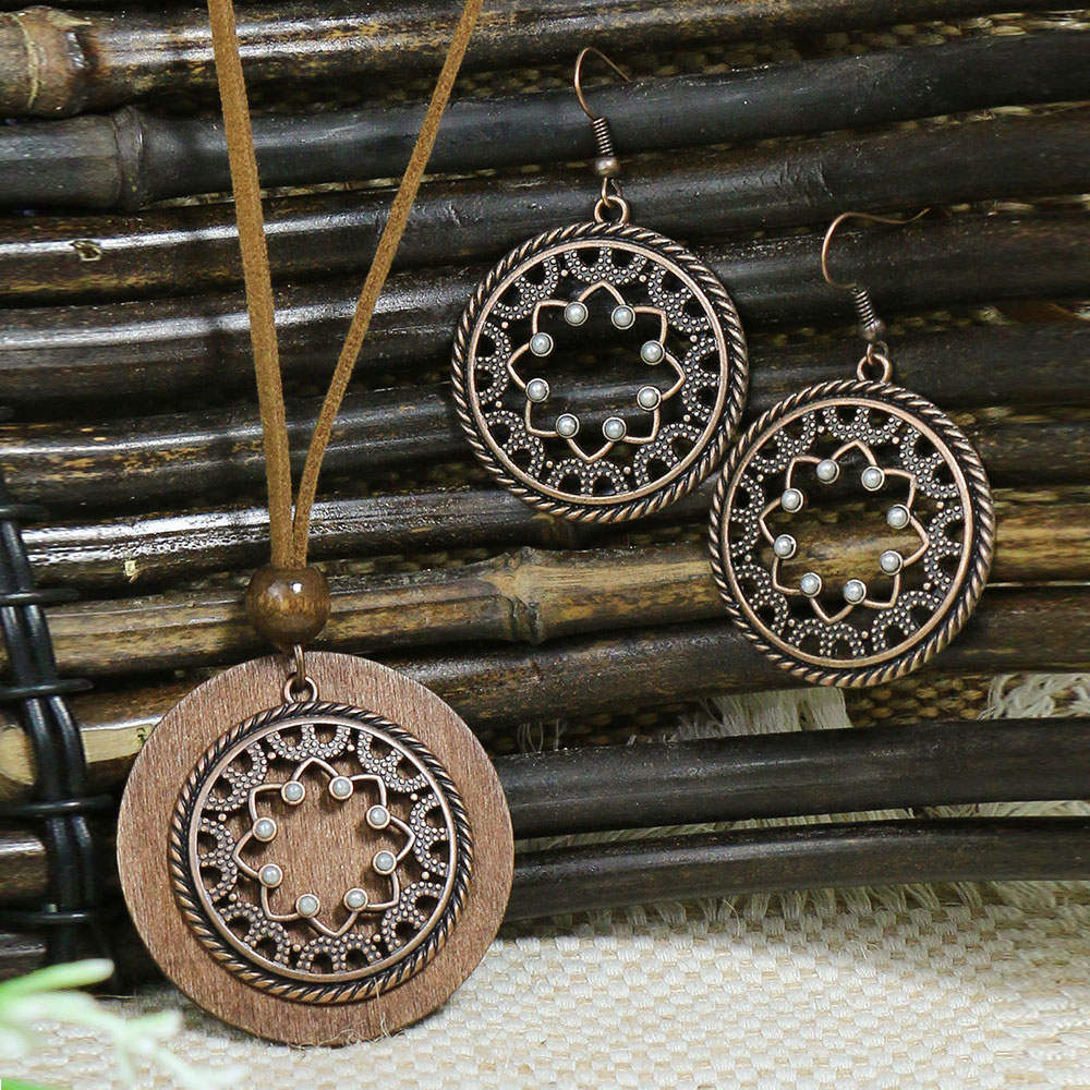 Round Hollow Dark Coffee Alloy Earrings and Necklace