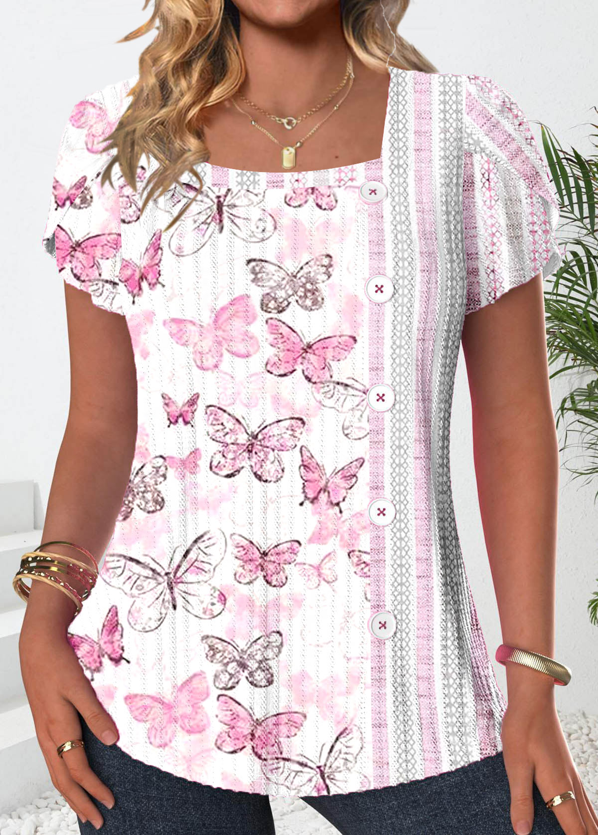 White tops,Pink tops,Animal Print tops,ROTITA Button Butterfly Print White Square Neck T Shirt