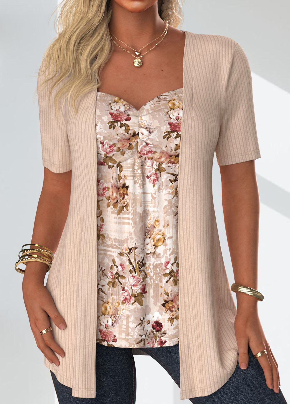 Skin Color tops,Floral tops,Plants tops,ROTITA Floral Print Skin Color Fake Two Piece Twinset