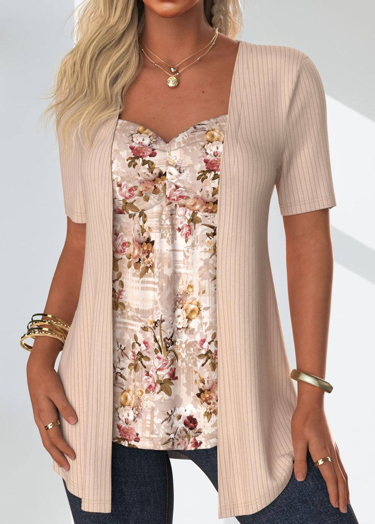 Skin Color tops,Floral tops,Plants tops,ROTITA Floral Print Skin Color Fake Two Piece Twinset