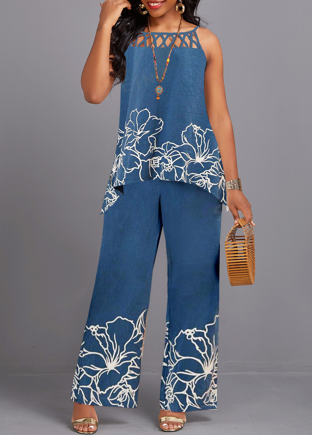 Denim Blue jumpsuits&rompers,Floral jumpsuits&rompers,Plants jumpsuits&rompers,ROTITA Criss Cross Floral Print Denim Blue Long Sleeveless Top
