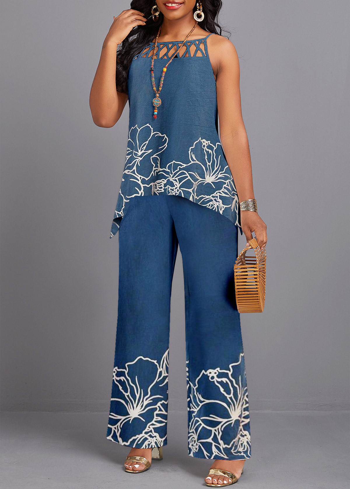 Denim Blue jumpsuits&rompers,Floral jumpsuits&rompers,Plants jumpsuits&rompers,ROTITA Criss Cross Floral Print Denim Blue Long Sleeveless Top