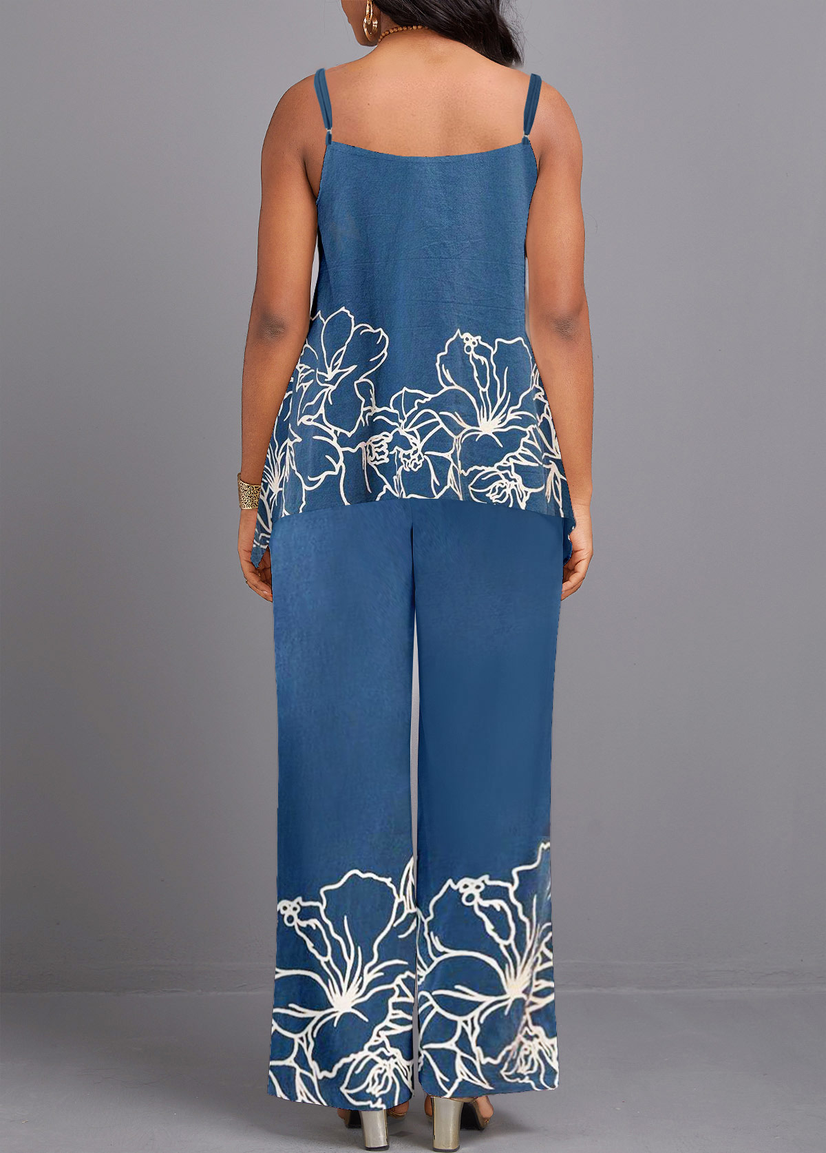Denim Blue jumpsuits&rompers,Floral jumpsuits&rompers,Plants jumpsuits&rompers,ROTITA Criss Cross Floral Print Denim Blue Long Sleeveless Top