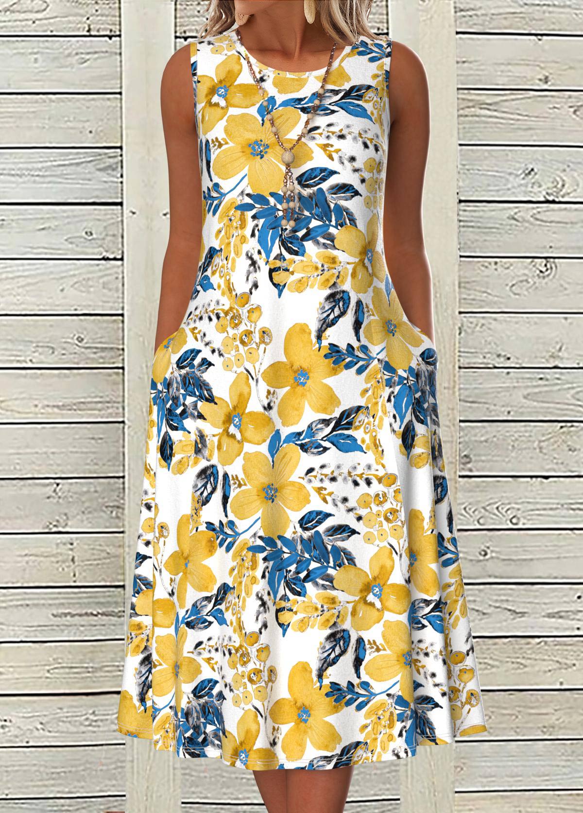 White dresses,Yellow dresses,Floral dresses,Plants dresses,Everyday dresses,Casual dresses,ROTITA Breathable Floral Print White A Line Round Neck Dress