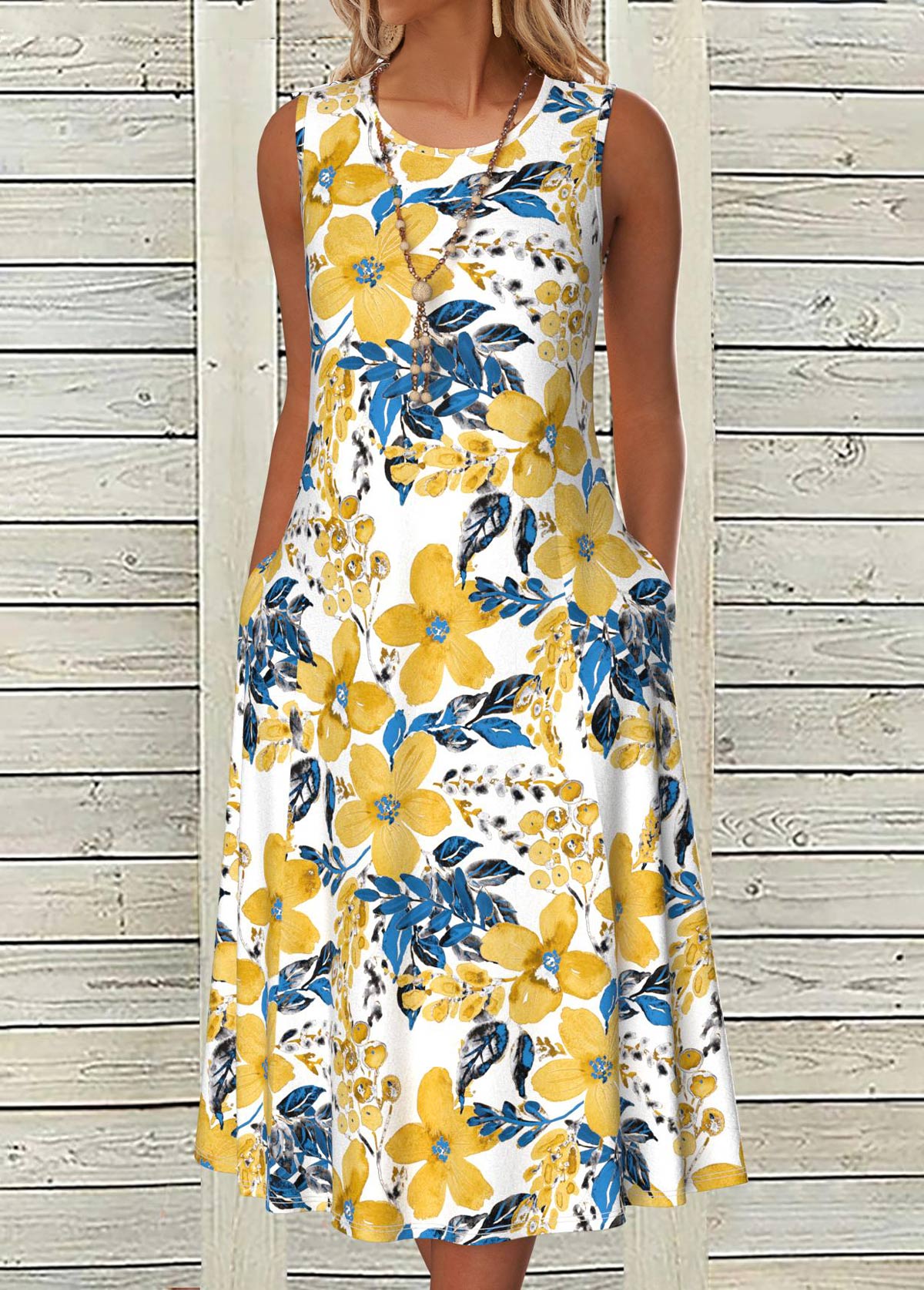 White dresses,Yellow dresses,Floral dresses,Plants dresses,Everyday dresses,Casual dresses,ROTITA Breathable Floral Print White A Line Round Neck Dress