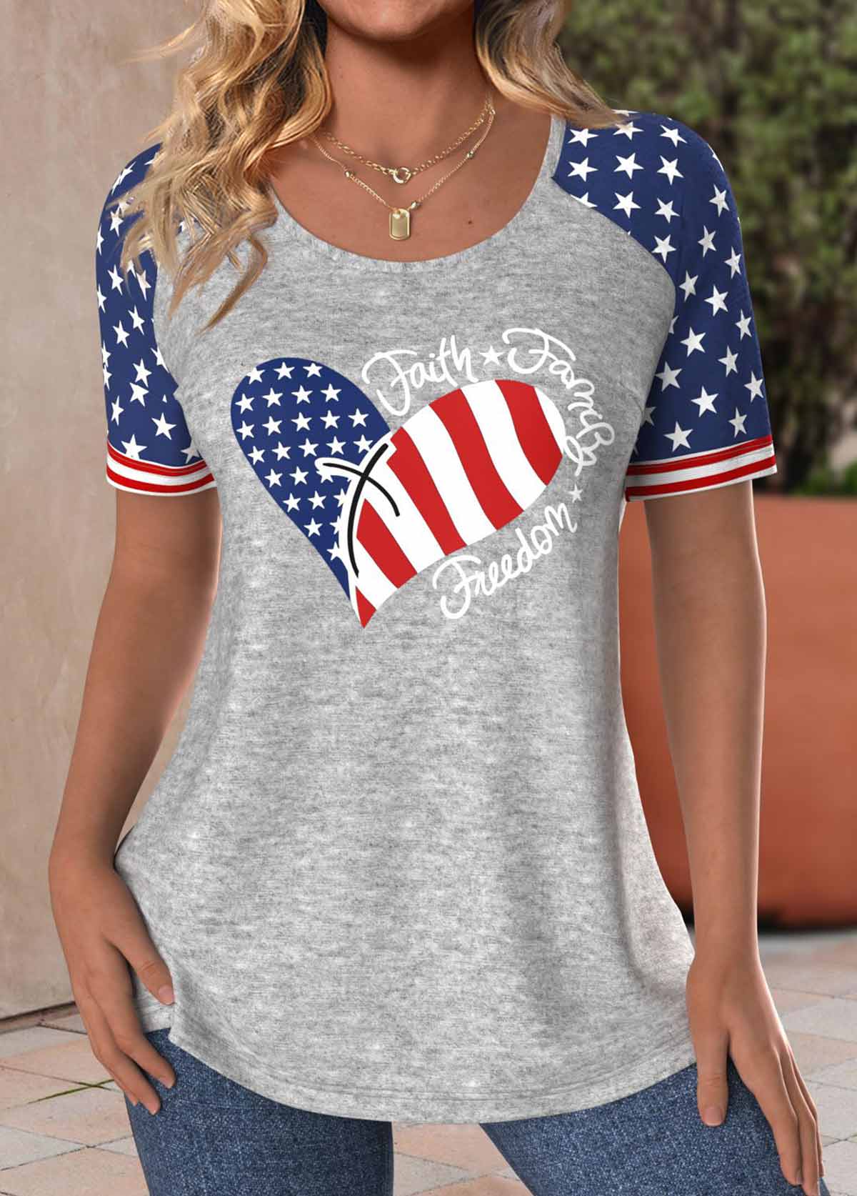 Light Grey Marl tops,Flag tops,Heart tops,ROTITA Patchwork Flag Print Light Grey Marl T Shirt