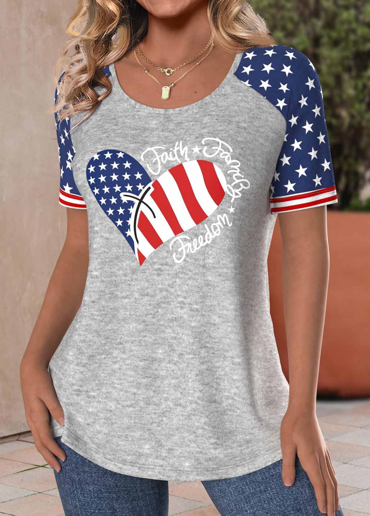 Light Grey Marl tops,Flag tops,Heart tops,ROTITA Patchwork Flag Print Light Grey Marl T Shirt