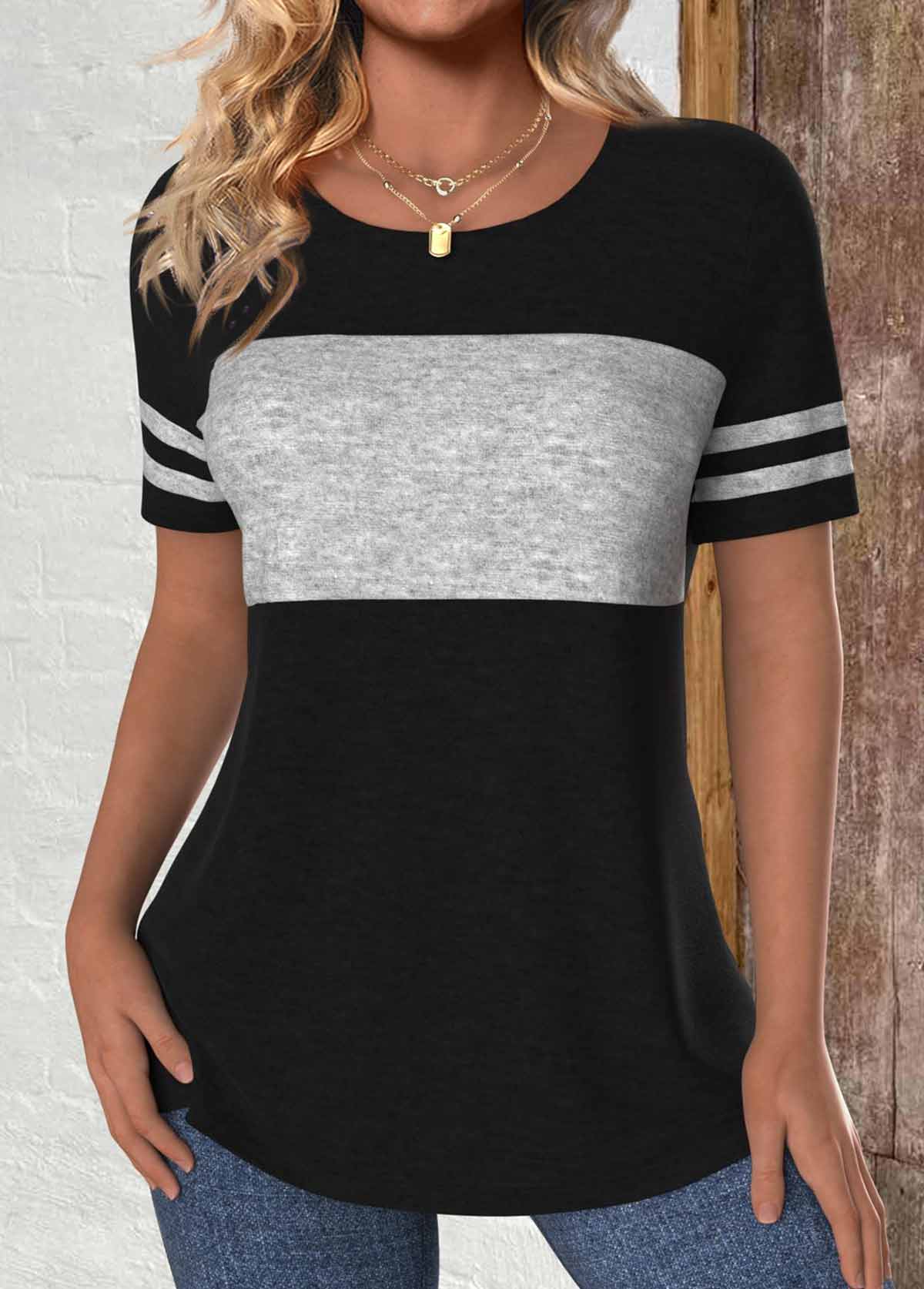 Black tops,Contrast Color tops,ROTITA Patchwork Black Round Neck Short Sleeve T Shirt