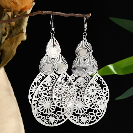 Silvery White jewelry,Teardrop Silvery White Alloy Hollow Earrings