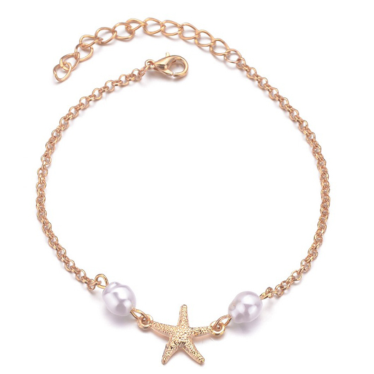 Gold jewelry,White jewelry,Contrast Color jewelry,Starfish Gold Pearl Design Alloy Anklet