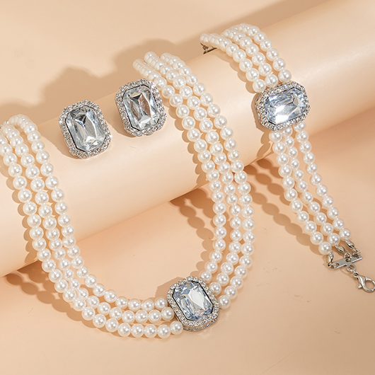 Silvery White jewelry,Square Silvery White Pearl Necklace and Bracelet Set