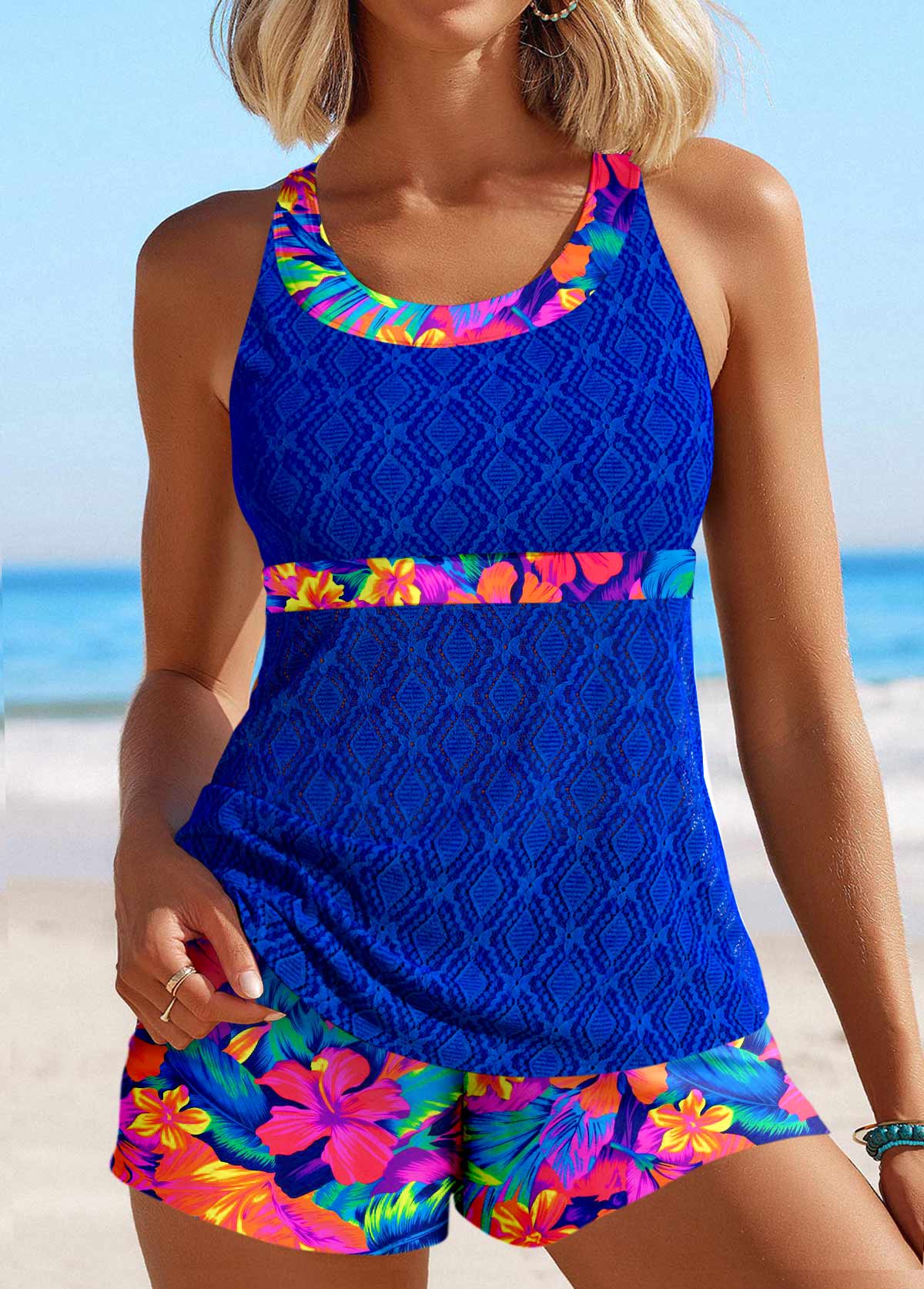 Royal Blue swimwear,Floral swimwear,Plants swimwear,ROTITA Lace Royal Blue Floral Print Tankini Set