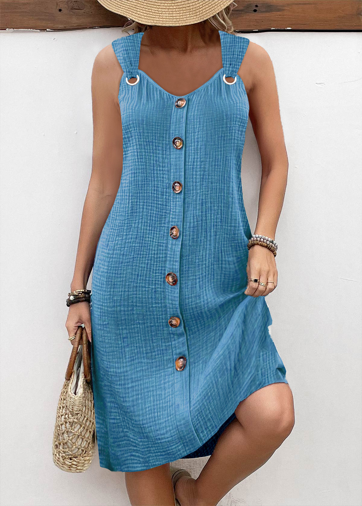 Dusty Blue dresses,Plain Color dresses,Everyday dresses,Casual dresses,ROTITA Breathable Dusty Blue A Line V Neck Sleeveless Dress