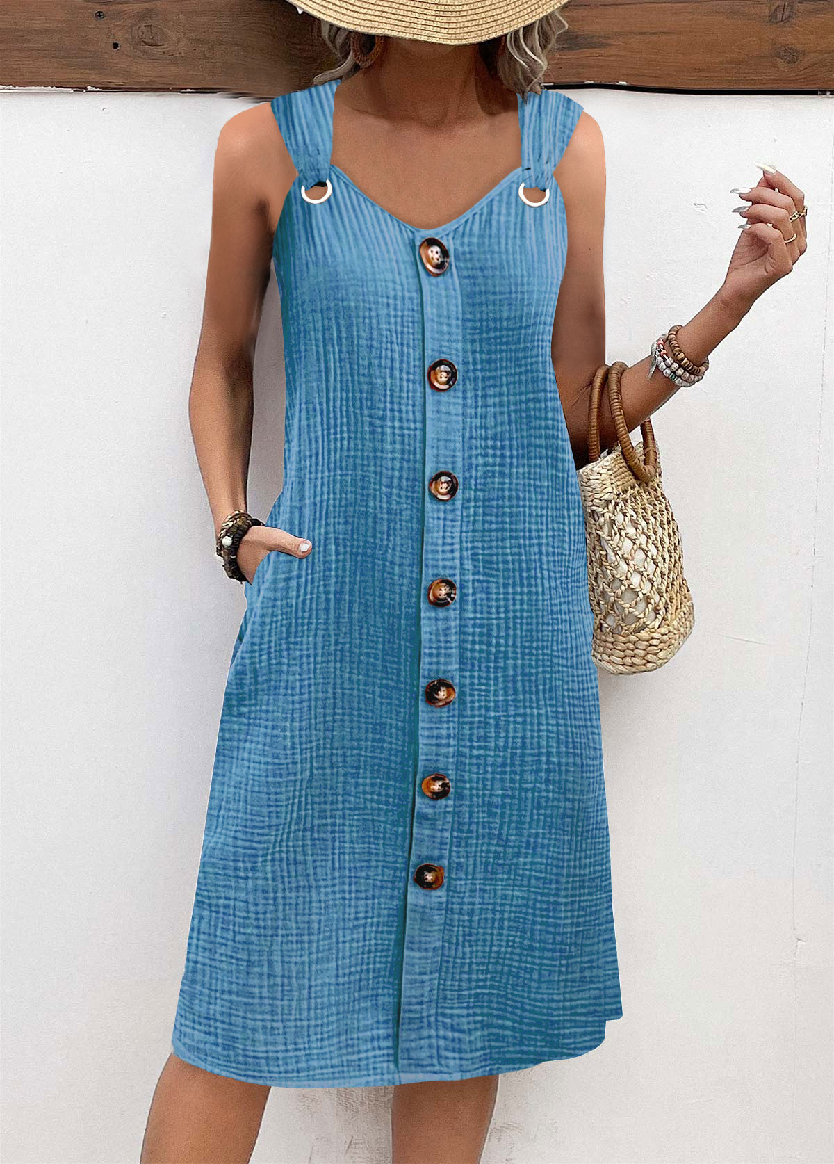 Dusty Blue dresses,Plain Color dresses,Everyday dresses,Casual dresses,ROTITA Breathable Dusty Blue A Line V Neck Sleeveless Dress