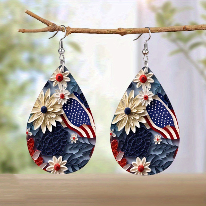 Peacock Blue jewelry,American Flag Teardrop Peacock Blue Earrings