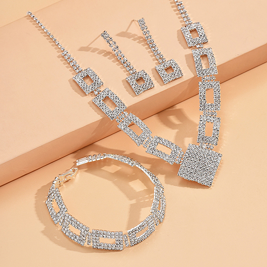 Silvery White jewelry,Rhinestone Silvery White Copper Necklace and Bracelet Set