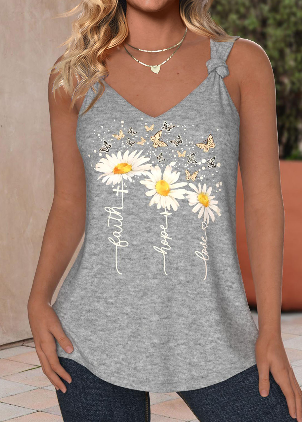 Light Grey Marl plus size,Floral plus size,Plants plus size,Animal Print plus size,ROTITA Plus Size Twist Light Grey Marl Sleeveless Tank Top