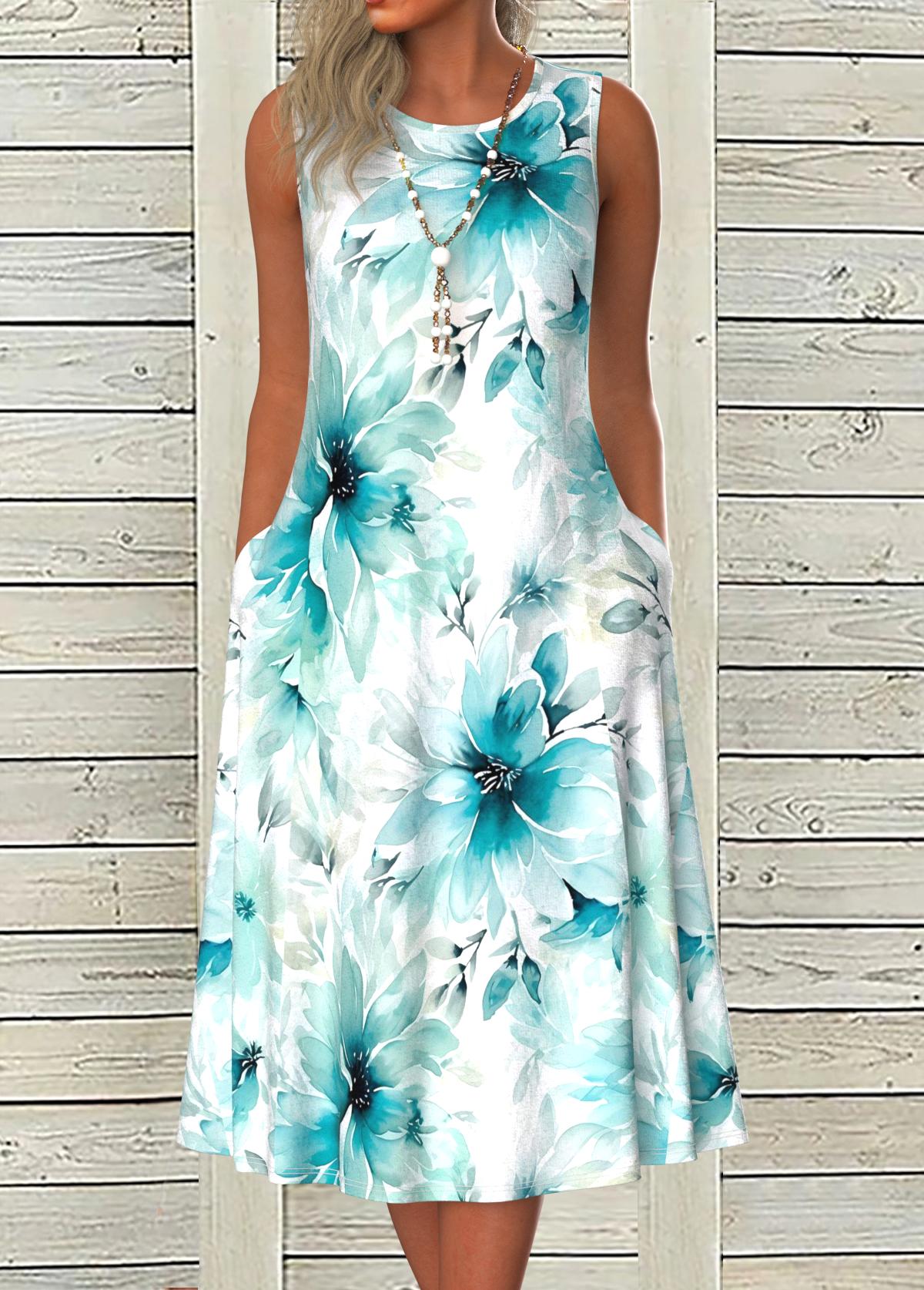 Blue dresses,Floral dresses,Plants dresses,Everyday dresses,Casual dresses,ROTITA Tummy Coverage Floral Print Blue Round Neck Sleeveless Dress