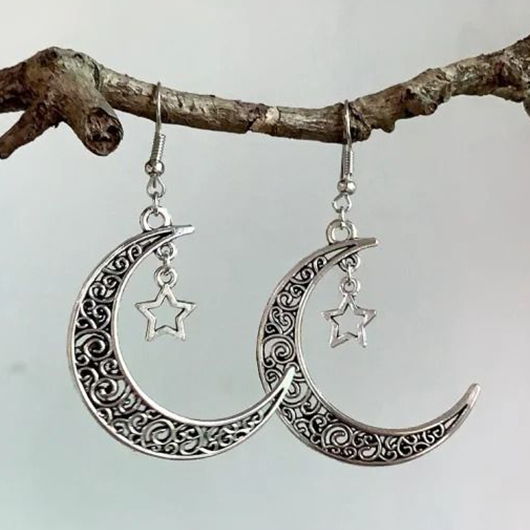 Silvery White jewelry,Geometric jewelry,Moon Silvery White Alloy Star Earrings