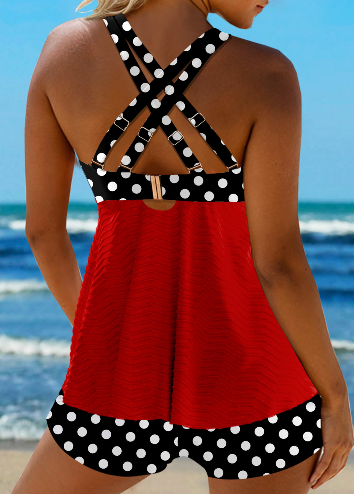 Red swimwear,Dot swimwear,ROTITA Jacquard Red Polka Dot Tankini Set