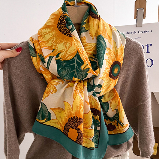 Yellow accessories,Beige accessories,Plants accessories,Tie Dye Sunflower Print Deisgn Yellow Shawl