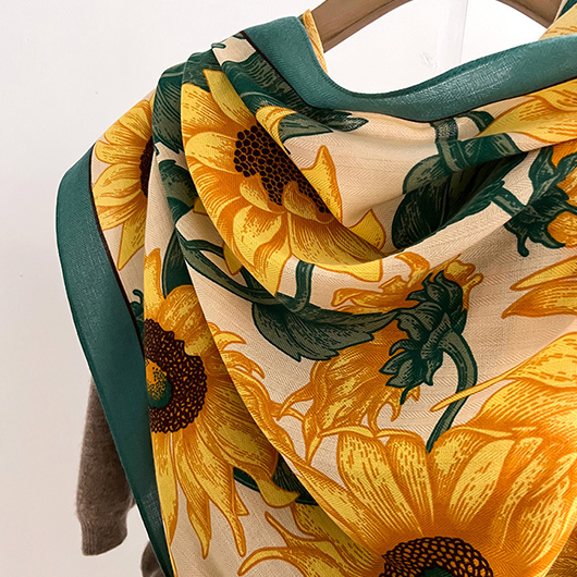 Yellow accessories,Beige accessories,Plants accessories,Tie Dye Sunflower Print Deisgn Yellow Shawl