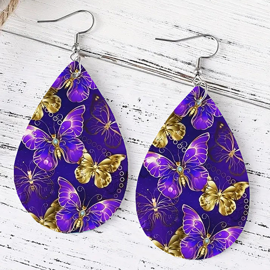 Purple jewelry,Contrast Color jewelry,Animal Print jewelry,Purple Teardrop Design Faux Leather Earrings