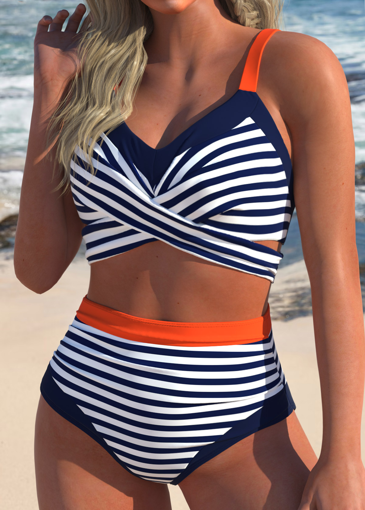 Navy swimwear,Striped swimwear,Geometric swimwear,ROTITA Surplice High Waisted Navy Striped Bikini Set