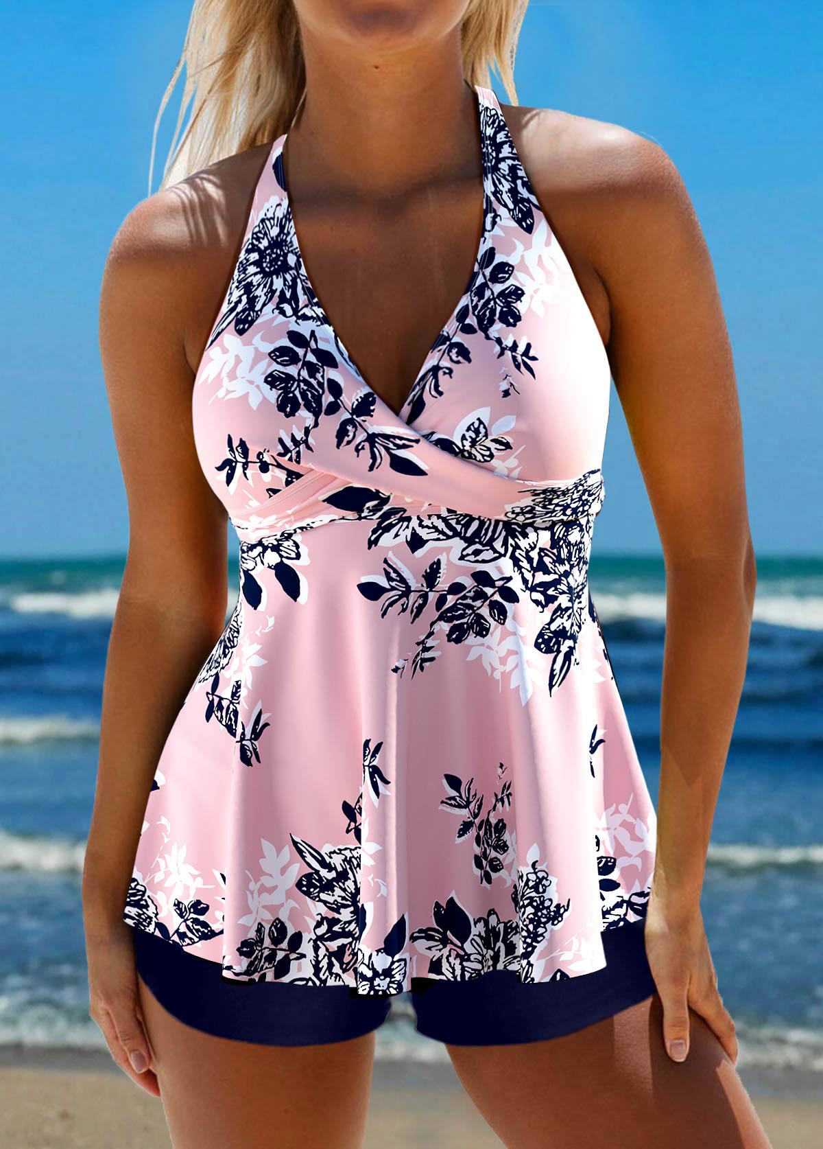 Rotita Criss Cross rosafarbenes Tankini-Oberteil mit Blumenmuster-Kein Boden