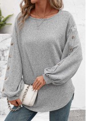 Light Grey tops,Plain Color tops,ROTITA Decorative Button Light Grey Long Sleeve T Shirt