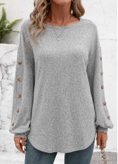 Light Grey tops,Plain Color tops,ROTITA Decorative Button Light Grey Long Sleeve T Shirt