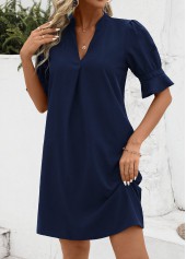 Navy dresses,Plain Color dresses,Everyday dresses,Casual dresses,Split Navy H Shape Half Sleeve Dress