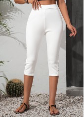 White bottoms,Plain Color bottoms,White High Waisted Elastic Waist Capri Leggings