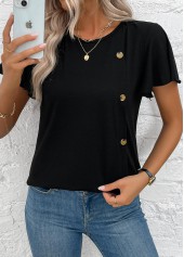 Black tops,Plain Color tops,ROTITA Button Black Round Neck Short Sleeve T Shirt