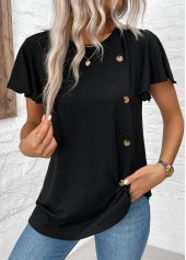 Black tops,Plain Color tops,ROTITA Button Black Round Neck Short Sleeve T Shirt