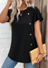 Black tops,Plain Color tops,ROTITA Button Black Round Neck Short Sleeve T Shirt