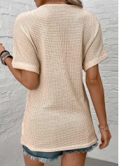 Beige tops,Plain Color tops,ROTITA Button Beige V Neck Short Sleeve Blouse