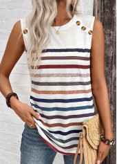 White tops,Striped tops,ROTITA Button Striped White Round Neck Tank Top