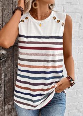 White tops,Striped tops,ROTITA Button Striped White Round Neck Tank Top