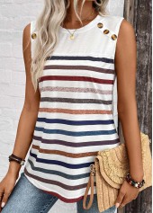 White tops,Striped tops,ROTITA Button Striped White Round Neck Tank Top