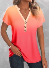 Peach Red tops,Ombre tops,ROTITA Button Ombre Peach Red Split Neck T Shirt