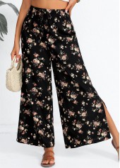 Black bottoms,Ditsy Floral bottoms,ROTITA Split Ditsy Floral Print Black Flare Leg Pants