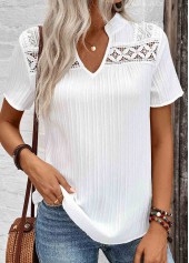 White tops,Plain Color tops,ROTITA Lace White Split Neck Short Sleeve Blouse